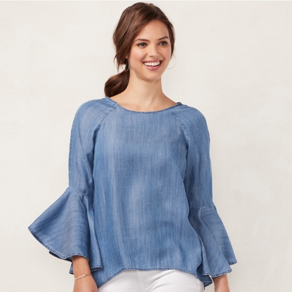 LC Lauren Conrad Boho Bell-Sleeve Blouse Faux Denim Jean Indigo Blue Women Small